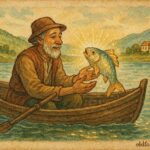 An illustration of fisherman Vasil holding magical talking fish, Bulgarian folktale scene.