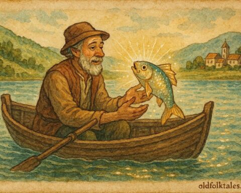 An illustration of fisherman Vasil holding magical talking fish, Bulgarian folktale scene.
