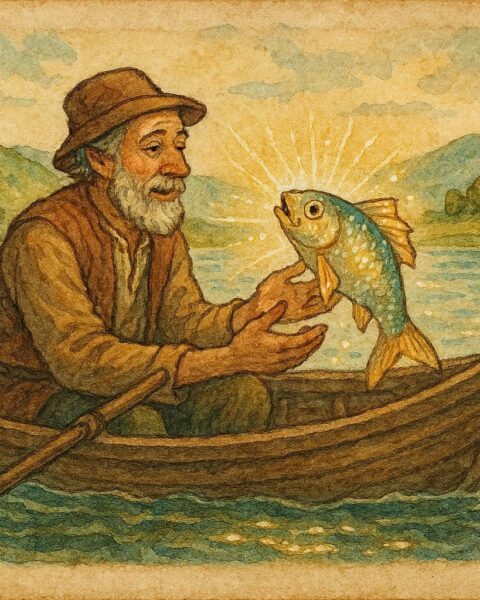 An illustration of fisherman Vasil holding magical talking fish, Bulgarian folktale scene.