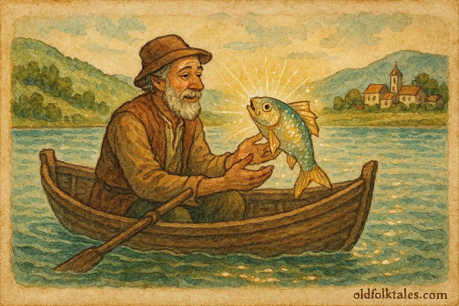 An illustration of fisherman Vasil holding magical talking fish, Bulgarian folktale scene.
