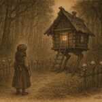 An illustration of girl before Baba Yaga hut in forest, Russian folktale scene.
