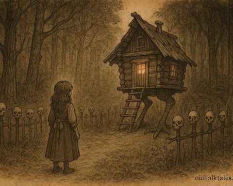 An illustration of girl before Baba Yaga hut in forest, Russian folktale scene.