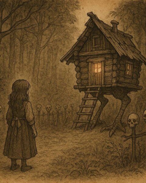 An illustration of girl before Baba Yaga hut in forest, Russian folktale scene.