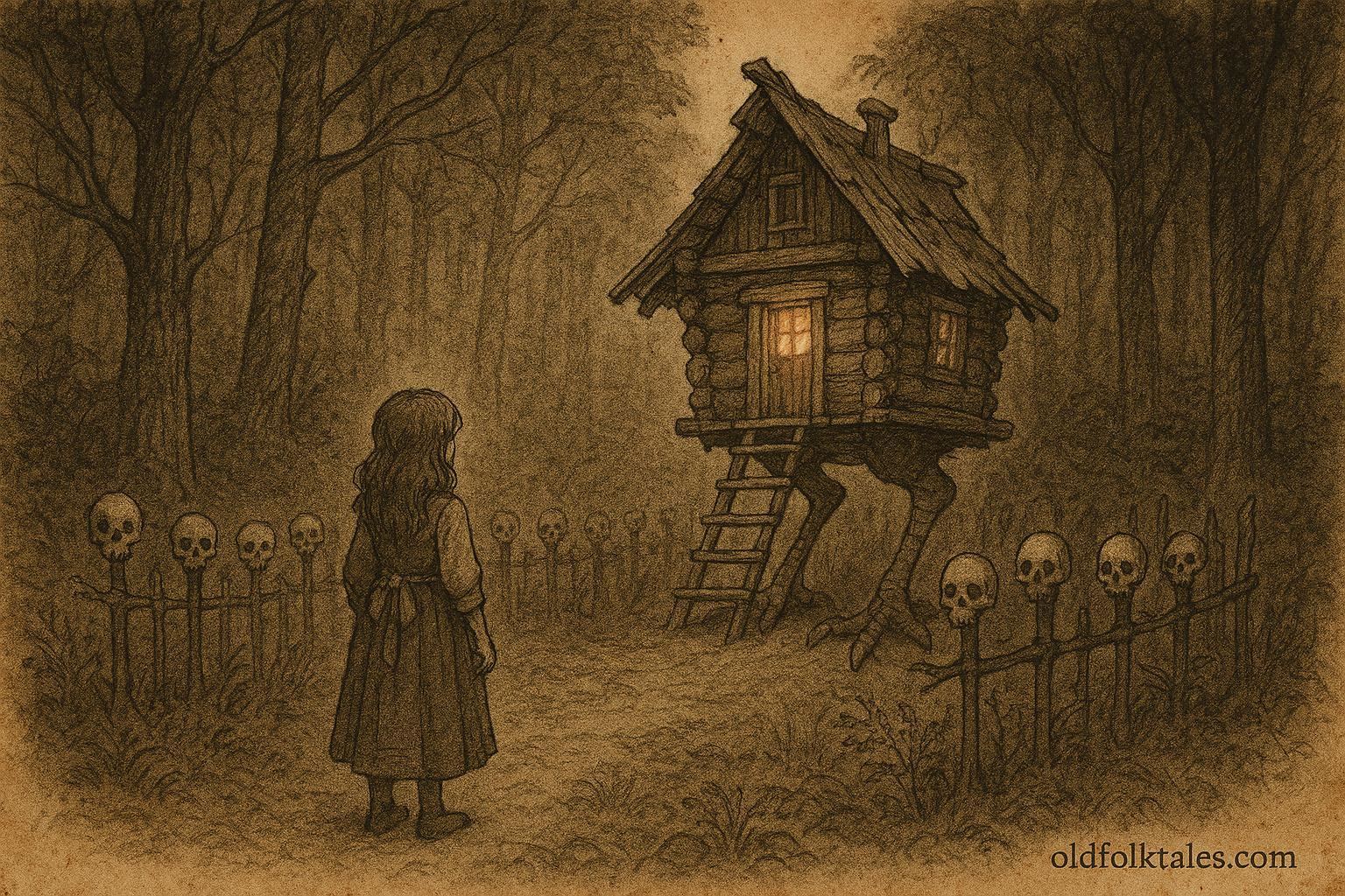 An illustration of girl before Baba Yaga hut in forest, Russian folktale scene.