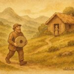 An illustration of Gudbrand returning with grindstone, wife smiling, Norwegian folktale scene.