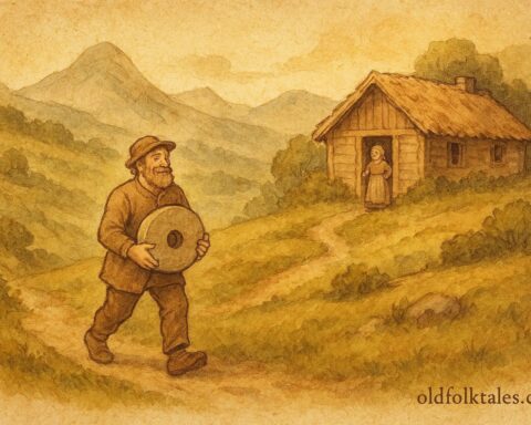 An illustration of Gudbrand returning with grindstone, wife smiling, Norwegian folktale scene.
