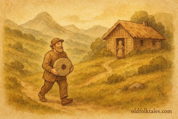 An illustration of Gudbrand returning with grindstone, wife smiling, Norwegian folktale scene.