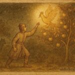 An illustration of prince reaching glowing Firebird in garden, Russian folktale scene.