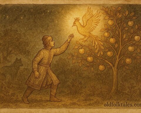An illustration of prince reaching glowing Firebird in garden, Russian folktale scene.