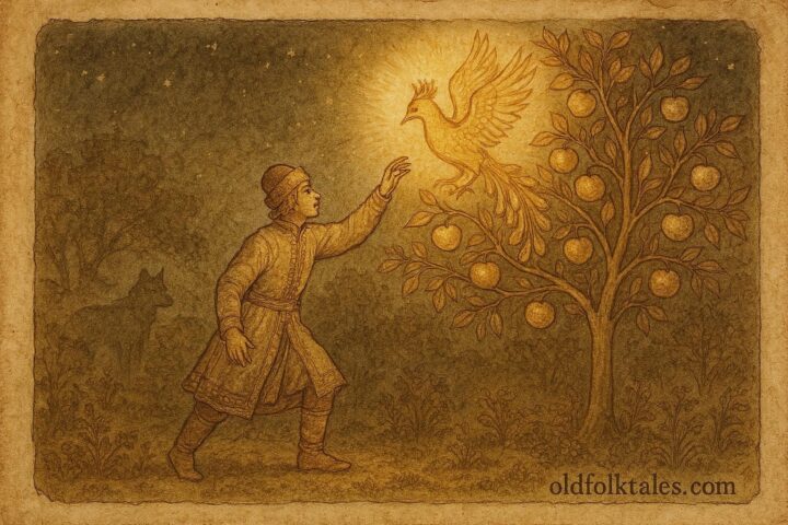 An illustration of prince reaching glowing Firebird in garden, Russian folktale scene.