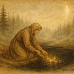 An illustration of Lemminkäinen’s mother restoring him, Finnish Kalevala scene.