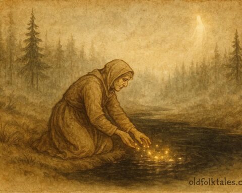 An illustration of Lemminkäinen’s mother restoring him, Finnish Kalevala scene.