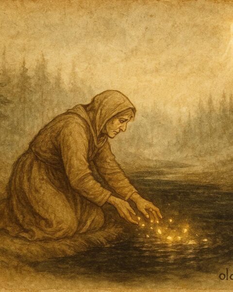 An illustration of Lemminkäinen’s mother restoring him, Finnish Kalevala scene.