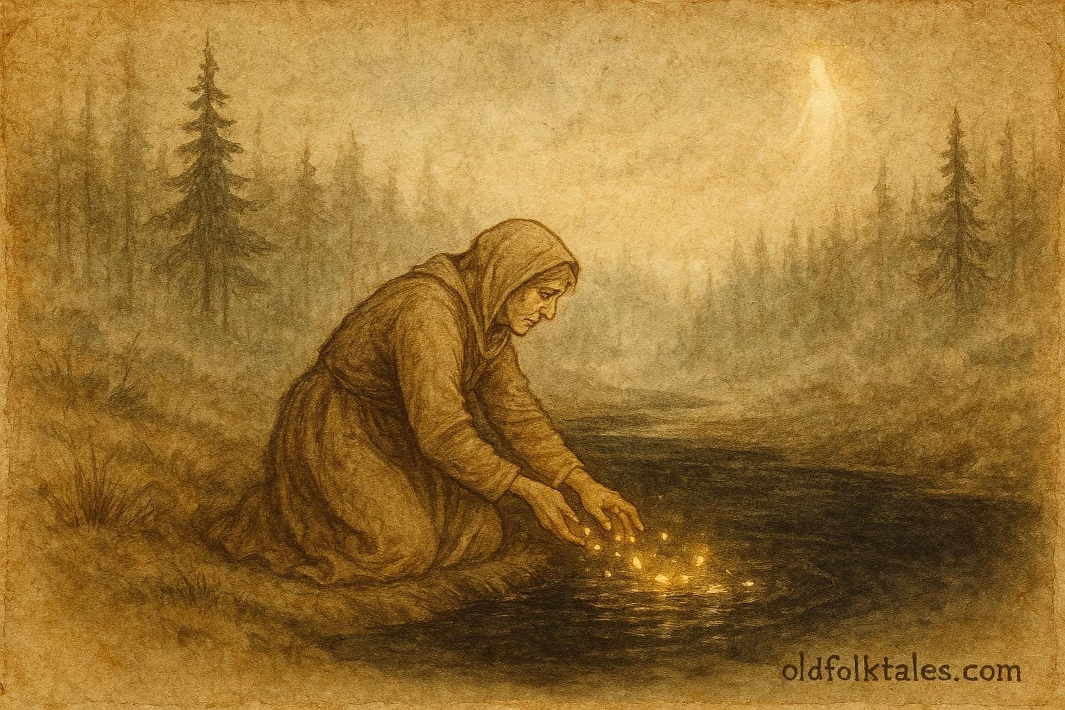 An illustration of Lemminkäinen’s mother restoring him, Finnish Kalevala scene.