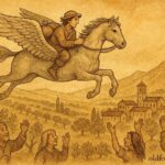 An illustration of Pietro flying on a magical horse, Italian folktale scene.