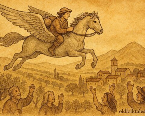 An illustration of Pietro flying on a magical horse, Italian folktale scene.