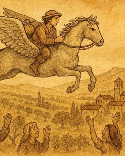 An illustration of Pietro flying on a magical horse, Italian folktale scene.