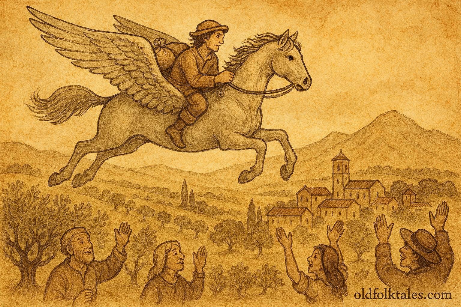 An illustration of Pietro flying on a magical horse, Italian folktale scene.