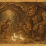 An illustration of Ash Lad stealing silver ducks from troll, Norwegian folktale scene.