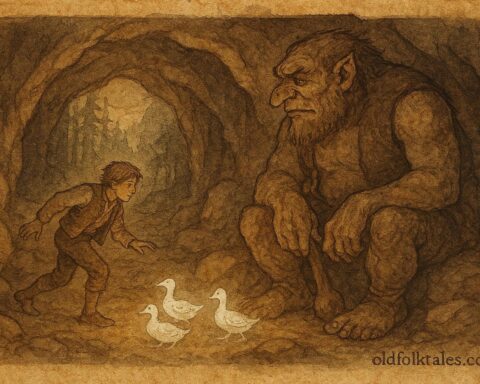 An illustration of Ash Lad stealing silver ducks from troll, Norwegian folktale scene.