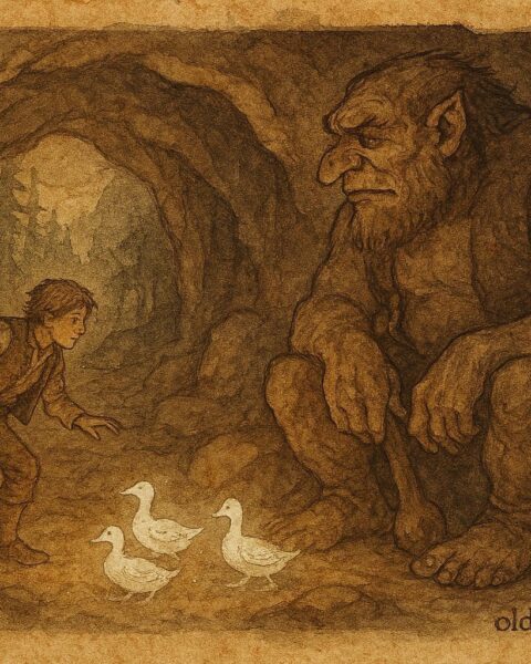 An illustration of Ash Lad stealing silver ducks from troll, Norwegian folktale scene.