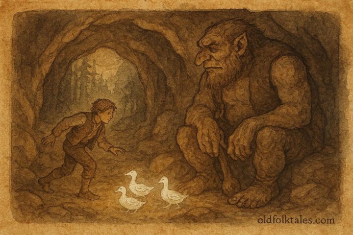 An illustration of Ash Lad stealing silver ducks from troll, Norwegian folktale scene.