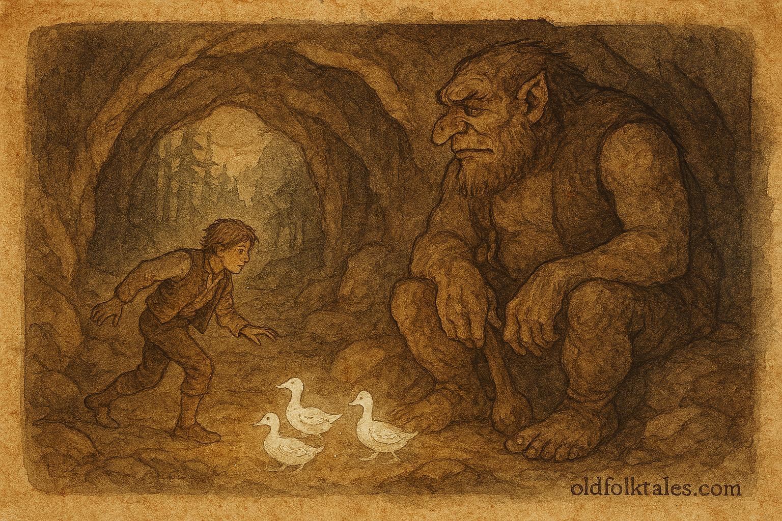 An illustration of Ash Lad stealing silver ducks from troll, Norwegian folktale scene.