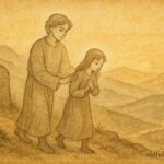 An illustration of dead brother guiding sister home, Albanian folktale scene.