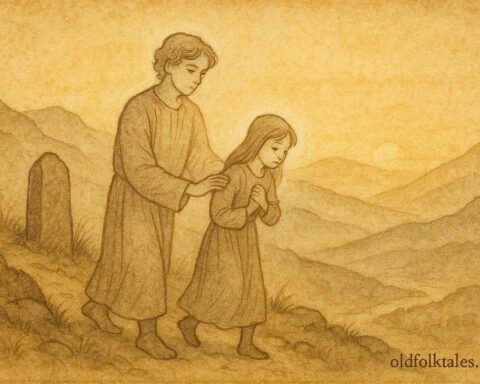 An illustration of dead brother guiding sister home, Albanian folktale scene.