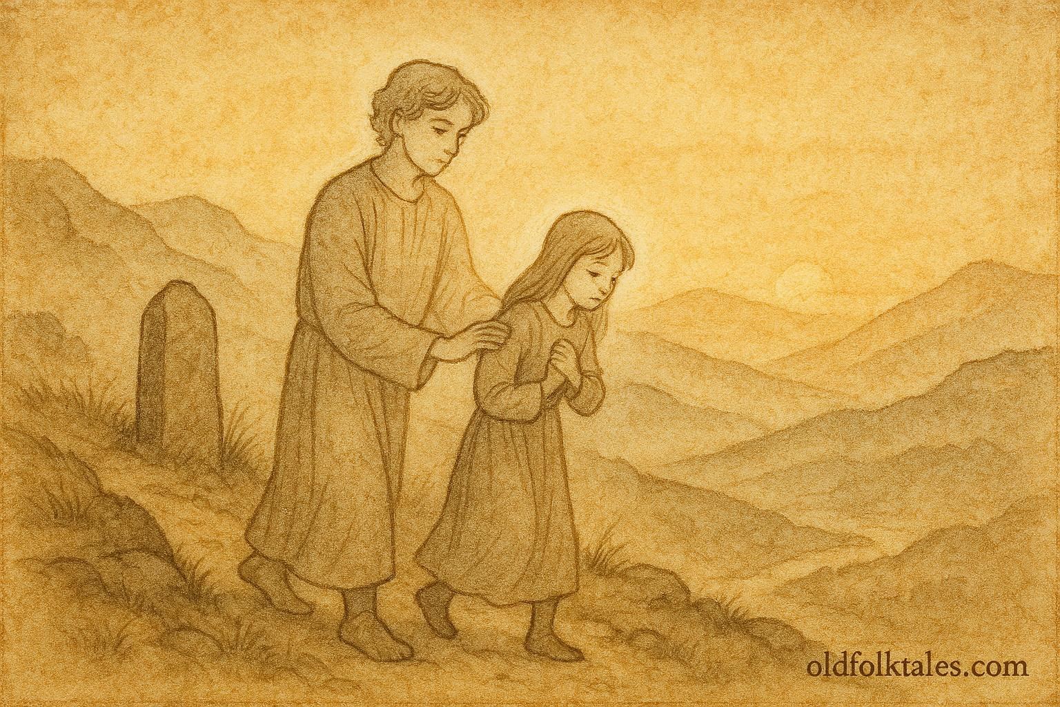 An illustration of dead brother guiding sister home, Albanian folktale scene.