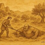 An illustration of Matteo outsmarting an ogre in a Sicilian valley, folktale scene.
