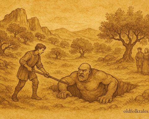 An illustration of Matteo outsmarting an ogre in a Sicilian valley, folktale scene.