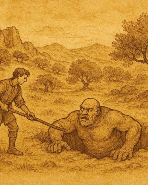 An illustration of Matteo outsmarting an ogre in a Sicilian valley, folktale scene.