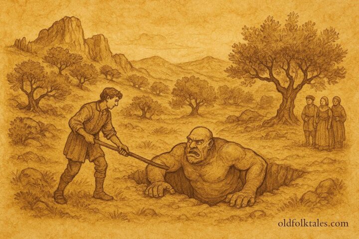 An illustration of Matteo outsmarting an ogre in a Sicilian valley, folktale scene.