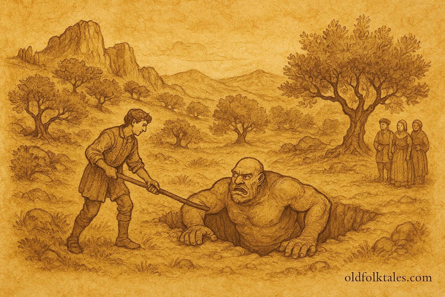 An illustration of Matteo outsmarting an ogre in a Sicilian valley, folktale scene.