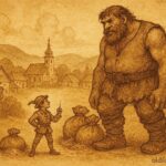 An illustration of a clever tailor tricking a giant, Hungarian folktale scene.