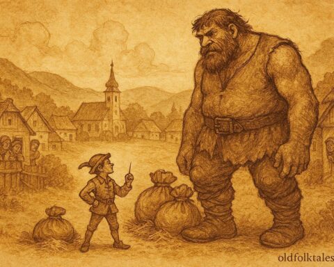 An illustration of a clever tailor tricking a giant, Hungarian folktale scene.