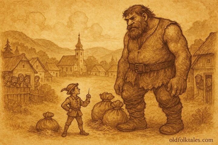 An illustration of a clever tailor tricking a giant, Hungarian folktale scene.
