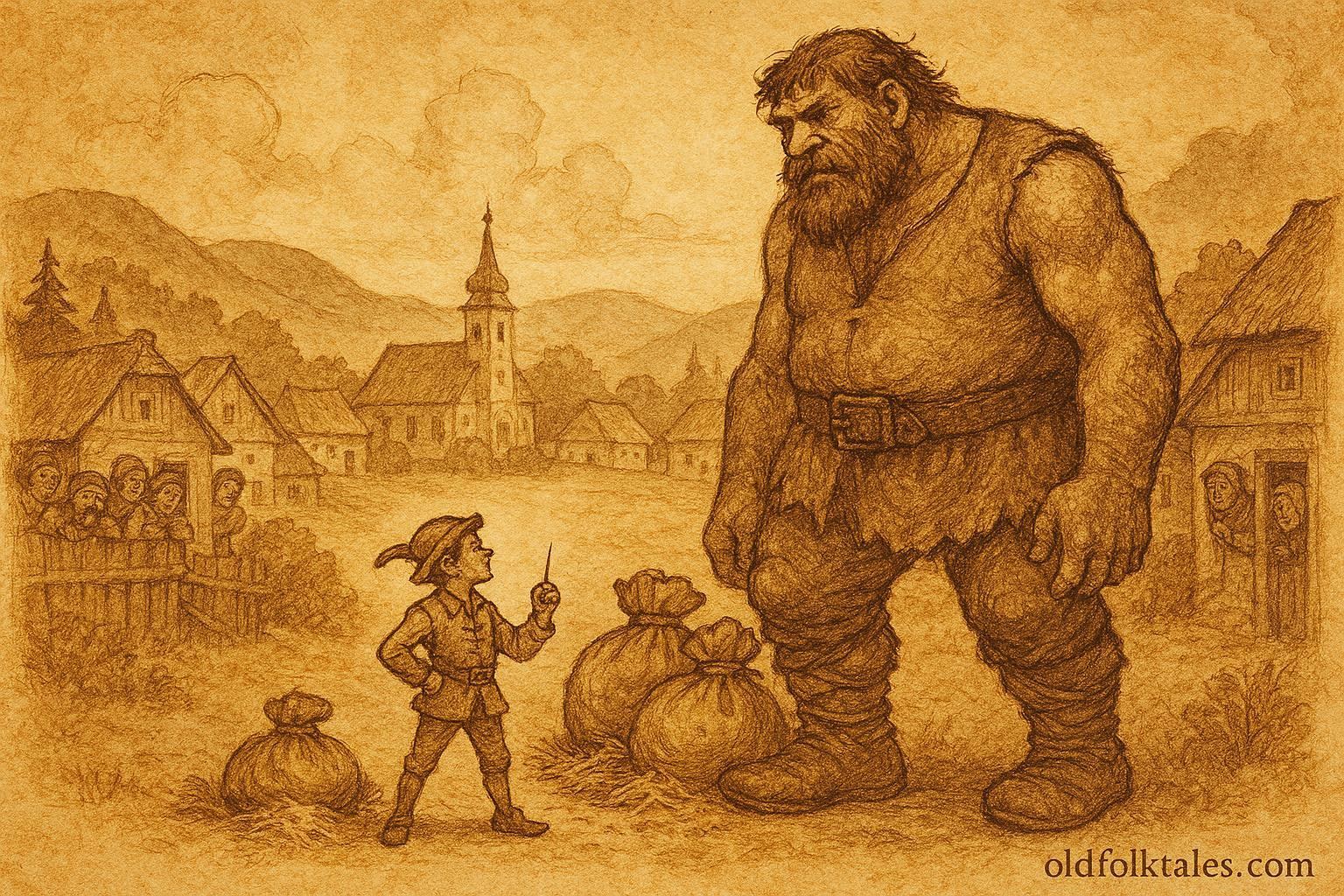 An illustration of a clever tailor tricking a giant, Hungarian folktale scene.