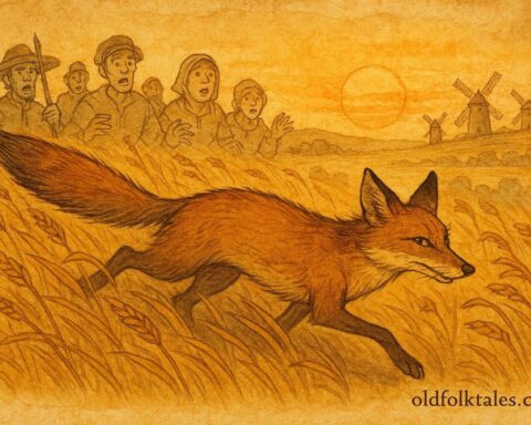 An illustration of the clever fox in La Mancha, Spanish folktale scene.