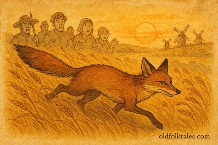 An illustration of the clever fox in La Mancha, Spanish folktale scene.