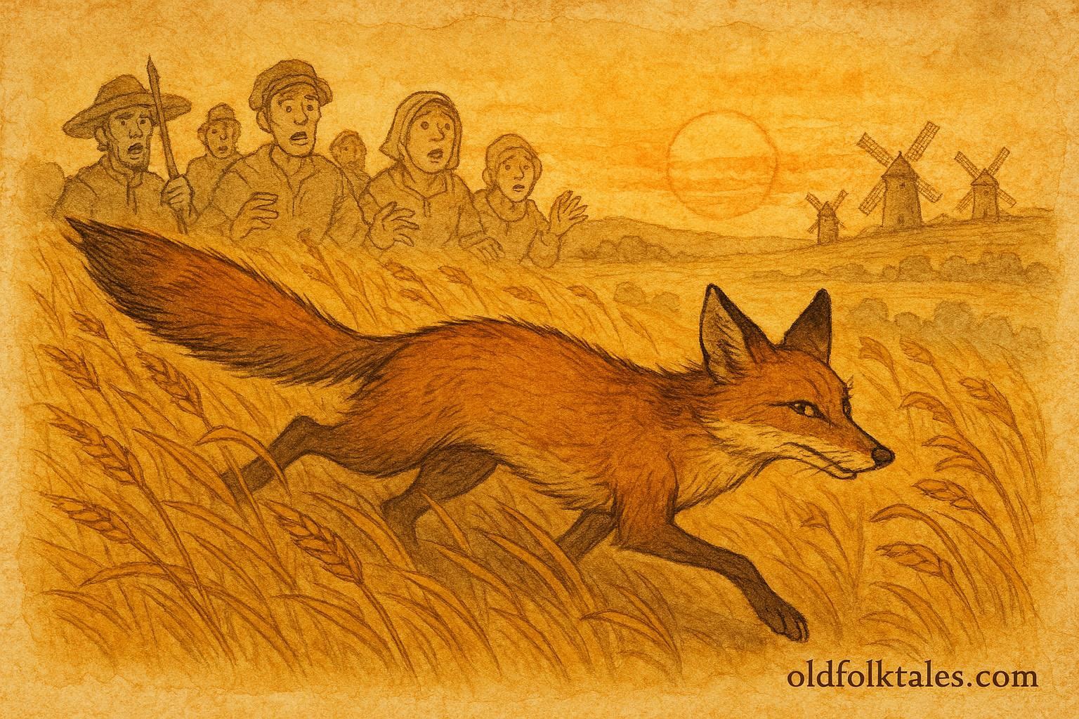 An illustration of the clever fox in La Mancha, Spanish folktale scene.