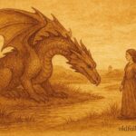 A woman taming dragon in marsh, French Provence folktale scene.