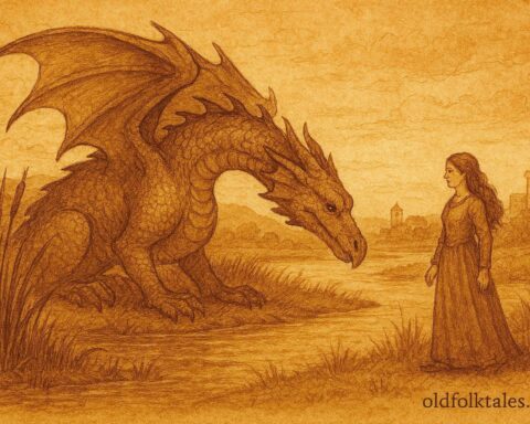 A woman taming dragon in marsh, French Provence folktale scene.
