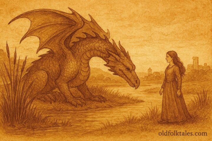 A woman taming dragon in marsh, French Provence folktale scene.