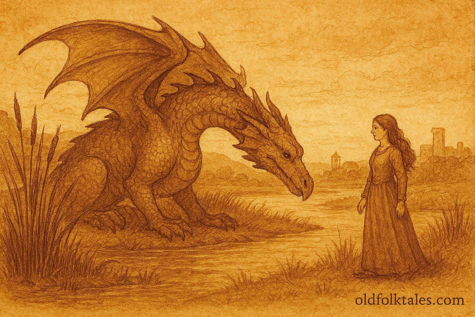 A woman taming dragon in marsh, French Provence folktale scene.