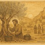 An illustration of Luca caring for the enchanted olive tree, Maltese folktale scene.