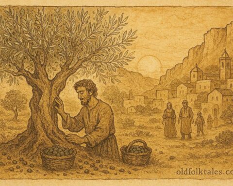 An illustration of Luca caring for the enchanted olive tree, Maltese folktale scene.