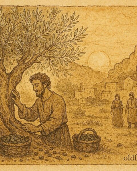 An illustration of Luca caring for the enchanted olive tree, Maltese folktale scene.