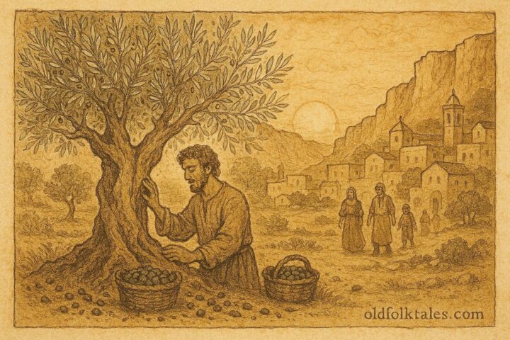 An illustration of Luca caring for the enchanted olive tree, Maltese folktale scene.